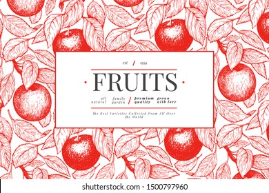 Apple branch design template. Hand drawn vector garden fruit illustration. Engraved style fruit frame. Retro botanical banner.