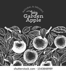 Apple branch design template. Hand drawn vector garden fruit illustration on chalk board. Engraved style fruit vintage botanical banner.
