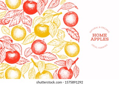 Apple branch design template. Hand drawn vector garden fruit illustration. Engraved style fruit vintage botanical banner.
