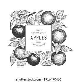 Apple branch design template. Hand drawn vector garden fruit illustration. Engraved style fruit retro botanical banner.