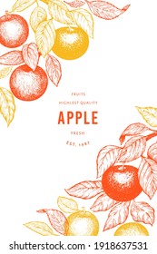 Apple branch design template. Hand drawn vector garden fruit illustration. Engraved style fruit retro botanical banner.