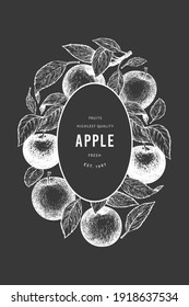 Apple branch design template. Hand drawn vector garden fruit illustration on chalk board. Engraved style fruit retro botanical banner.