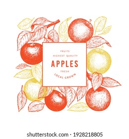 Apple branch design template. Hand drawn vector garden fruit illustration. Engraved style fruit retro botanical banner.