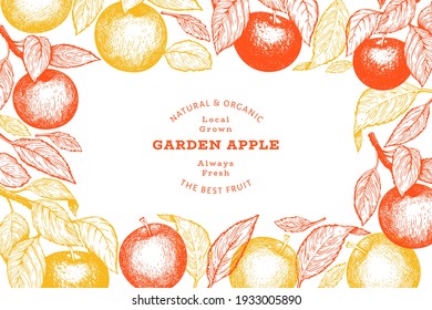 Apple branch design template. Hand drawn vector garden fruit illustration. Engraved style fruit retro botanical banner.