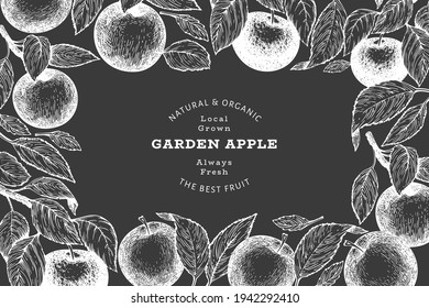 Apple branch design template. Hand drawn vector garden fruit illustration on chalk board. Engraved style fruit retro botanical banner.