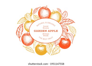 Design-Vorlage für Apfelzweige. Handgezeichnete Vektorgrafik von Obstplantagen. Stilvolles Fruchtretro-Botanisches Banner.