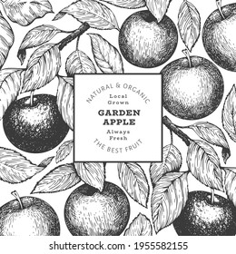 Apple branch design template. Hand drawn vector garden fruit illustration. Engraved style fruit retro botanical banner.