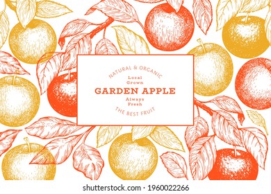 Apple branch design template. Hand drawn vector garden fruit illustration. Engraved style fruit retro botanical banner.