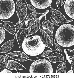 Apple branch seamless pattern. Hand drawn vector garden fruit illustration on chalk board. Engraved style fruit retro botanical banner.