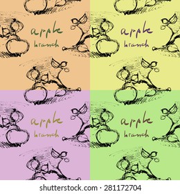 Apple branch seamless  pattern with signature. 4 color versions