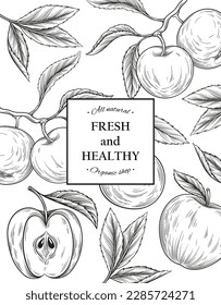 Apple branch template. Fresh and healthy organic products and fruits. Promotion poster or banner for online grocery store. Linear cover with apples and leaves. Hand drawn flat vector illustration