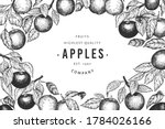 Apple branches design template. Hand drawn vector garden fruit illustration. Engraved style fruit frame. Vintage botanical banner.
