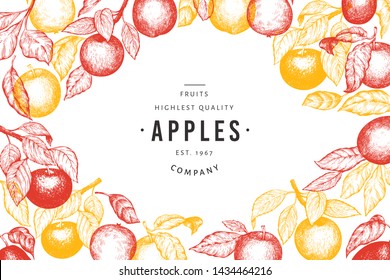 Apple branches design template. Hand drawn vector garden fruit illustration. Engraved style fruit frame. Vintage botanical banner.