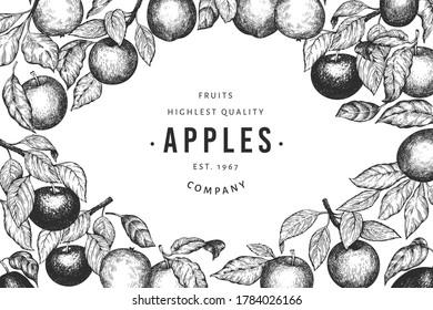 Apfel stellt Designvorlage ab. Handgezeichnete Vektorgrafik von Obstplantagen. Fruchtrahmen in Gravur. Vintage botanische Banner.