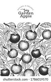 Apple branches design template. Hand drawn vector garden fruit illustration. Engraved style fruit frame. Vintage botanical banner.
