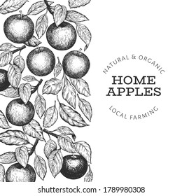 Apple branches design template. Hand drawn vector garden fruit illustration. Engraved style fruit frame. Vintage botanical banner.
