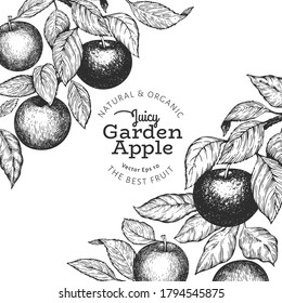 Plantilla de diseño de ramas de Apple. Ilustración de frutas vectoriales dibujadas a mano. Marco de fruta de estilo grabado. Pancarta botánica vintage.