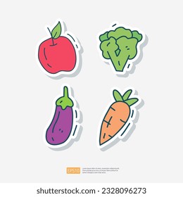 apple, broccoli, eggplant fruit, carrot doodle icon. Fruit and vegetable healthy life Sticker Set Vector Illustration