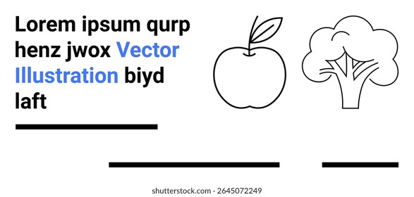 Apple and broccoli simple line art, placeholder text, and blue Vector Illustration text. Ideal for health themes, educational materials, vegan menus, food blogs, apps, websites, infographics. Landing