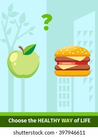 Apple or burger food design flat. Food apple and burger, healthy diet or hamburger, fruit or unhealthy cheeseburger, fresh or fast, choice and decision, lunch sandwich or apple vector illustration