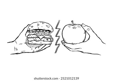 Manzana y hamburguesa, Saludable natural vs poco saludable comida chatarra rápida procesada, dibujado a mano línea sketch Ilustración vectorial