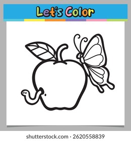 Apple, butterfly and caterpillar coloring sheet vector