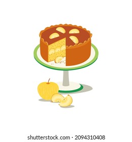 Icono vectorial de postre casero de pastel de manzana. Tarta de fruta en el estrado, elemento de diseño de dibujos animados de rebanada de manzana fresca. Dulce ilustración de fondo de comida festiva. Plantilla de la receta del evento de fiesta del pastel de frutas