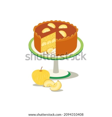 Apple cake homemade dessert vector icon. Fruit tart on stand, fresh apple slice cartoon design element. Sweet dessert festive food background illustration. Fruit cake pie holiday event recipe template