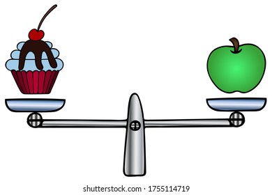 Apple, cake and scales. Comparison of dessert with fruit. Fighting overweight. Instrument for weighing solutions. Vector illustration on an isolated white background. Healthy nutrition and diet. 