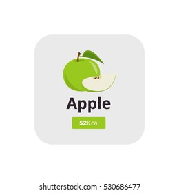 Apple  calories. Abstract vector illustration of logo for whole ripe fruit apple,cut sliced,natural product closeup. Apple drawing consisting of tag,label,juice,fresh,food,healthy,leaf,organic,diet.