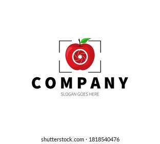 Obturador de lentes de cámara Apple, concepto de logotipo de fotografía. Ilustración de diseño de vectores. Plantilla de vectores de símbolos e iconos.