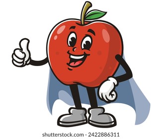 Apple with caped superhero style cartoon mascot illustration character vector clip art hand drawn