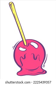 Apfel in Karamelll auf einem Stock. Vektorgrafik im Cartoon-Stil. Kinderillustration für Kleidung. Helles Design-Element.