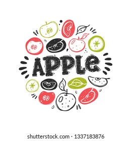 Apple card. Whole, half, sliced, bitten fruits. Ink hand drawn vector illustration. Can be used for cafe, menu, shop, bar, restaurant, poster, sticker, logo, detox diet concept, farmers market