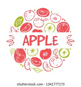 Apple card. Whole, half, sliced, bitten fruits. Ink hand drawn vector illustration. Can be used for cafe, menu, shop, bar, restaurant, poster, sticker, logo, detox diet concept, farmers market