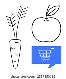 Apple, carrot, and blue shopping cart icon. Ideal for healthy eating, online grocery shopping, nutrition education, digital marketplaces, diet apps, farm-to-table services, food blogs. Line metaphor