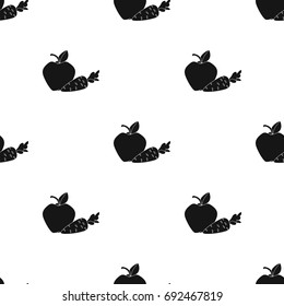 Apple with carrot icon in black style isolated on white background. Dental care symbol stock vector illustration.