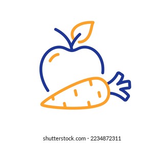 Apple con el icono de la línea de zanahoria. Señal de verduras y frutas. Símbolo de comida vegetariana. Concepto colorido del contorno de línea delgada. Icono de zanahoria de manzana de estilo lineal. Trazo editable. Vector