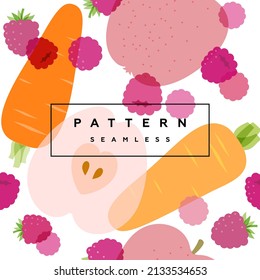 Apple,  carrot and raspberry seamless pattern. Transparent fruits,  berries and frame with text is on separate layer.