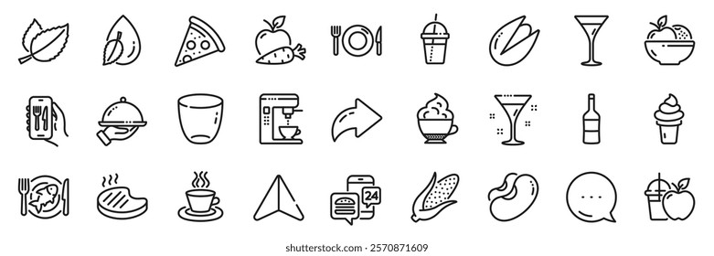 Apple carrot, Restaurant app and Water drop line icons pack. Share, Message, Paper plane icons. Juice, Pistachio nut, Ice cream web icon. Pizza, Mint leaves, Food app pictogram. Vector