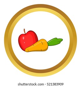 Apple and carrot vector icon in golden circle, cartoon style isolated on white background