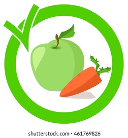 Apple and carrots in a green circle with a check mark , a sign of approval , healthy food , vegetarianism