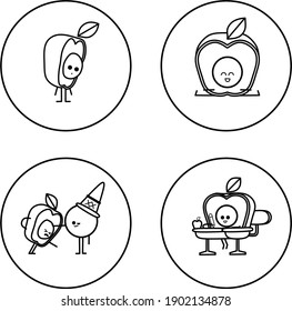 Apple cartoon animation black and white line art vector illustration 
