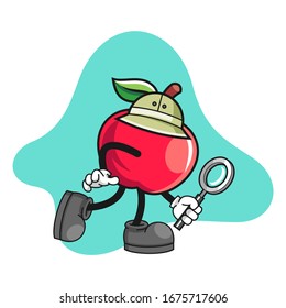 Apple cartoon character looking for something with a magnifying glass