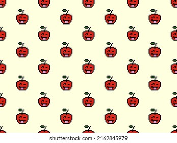Apple cartoon character seamless pattern on yellow background. Pixel style