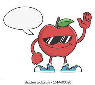 apple cartoon character with sunglasses and blank speech bubble isolated on white background