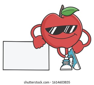 apple cartoon character with sunglasses leaning on sign isolated on white background