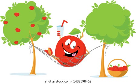 Apple cartoon Charecter Lying in Hammock Drink Cider after Autumn Apple Harvest - Vector Flat Design