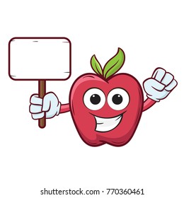 apple cartoon holding blank sign  vector ilustration
