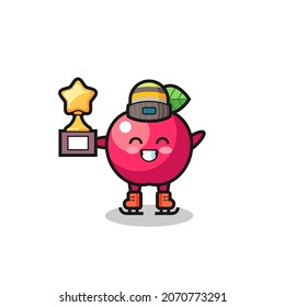 apple cartoon as an ice skating player hold winner trophy , cute style design for t shirt, sticker, logo element